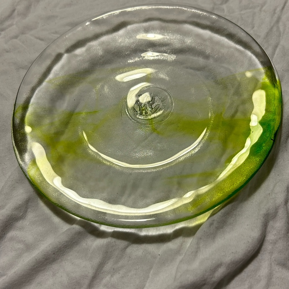Kosta Boda Rare Swirl Art Lime Green & Clear Glass Plate 7 3/4”D UHV Embossed